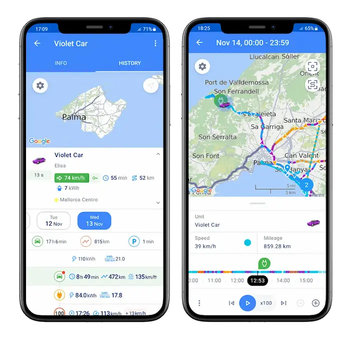 Two smartphone screens showing the Wialon app interface tracking 'Violet Car'; the left screen displays trip summary with map of Palma, speed, distance, and energy usage, the right screen displays route history on a map with speed and mileage data.