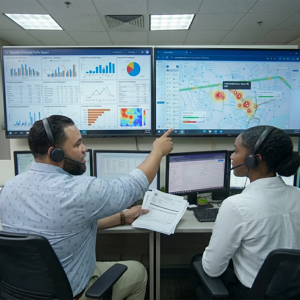 Two call center operators wearing headsets discuss citywide crime and traffic reports displayed on large monitors.