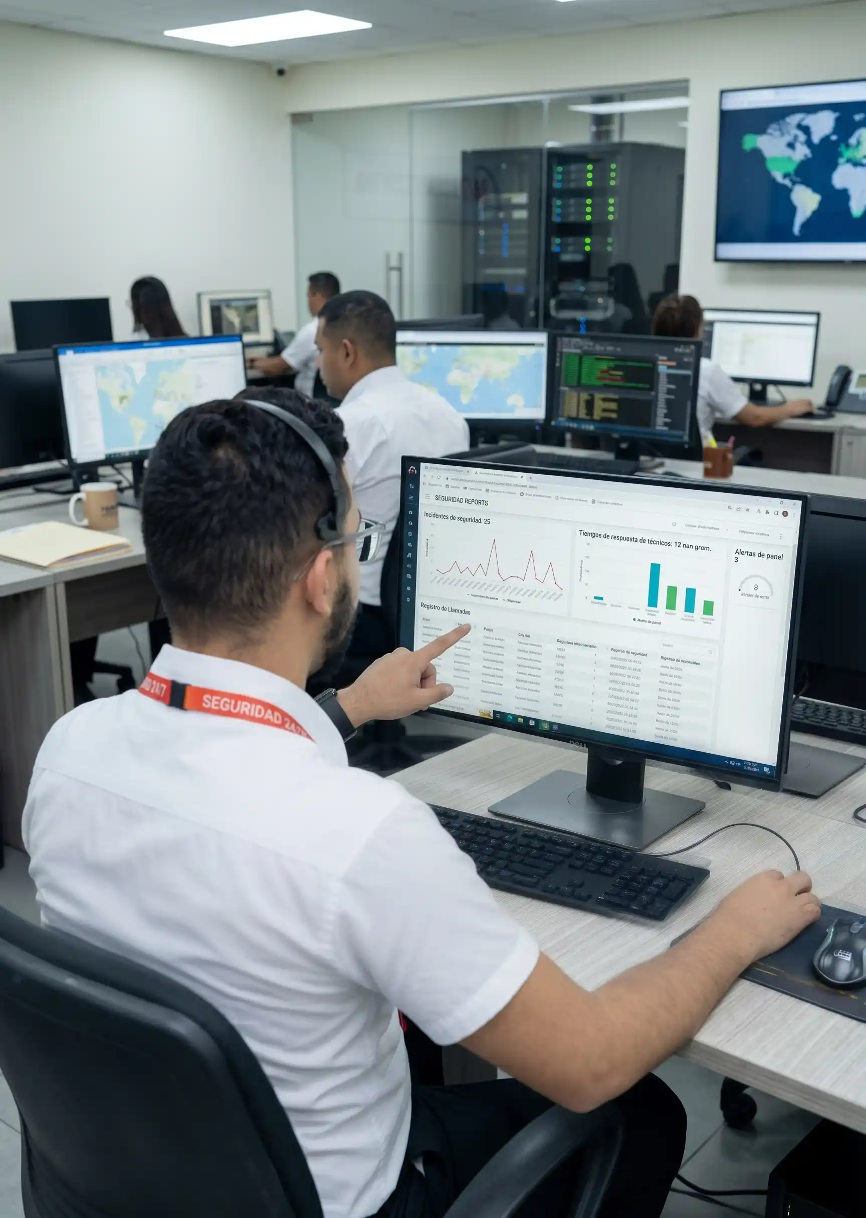 Security professional in an office pointing at a computer screen displaying security reports and data charts.