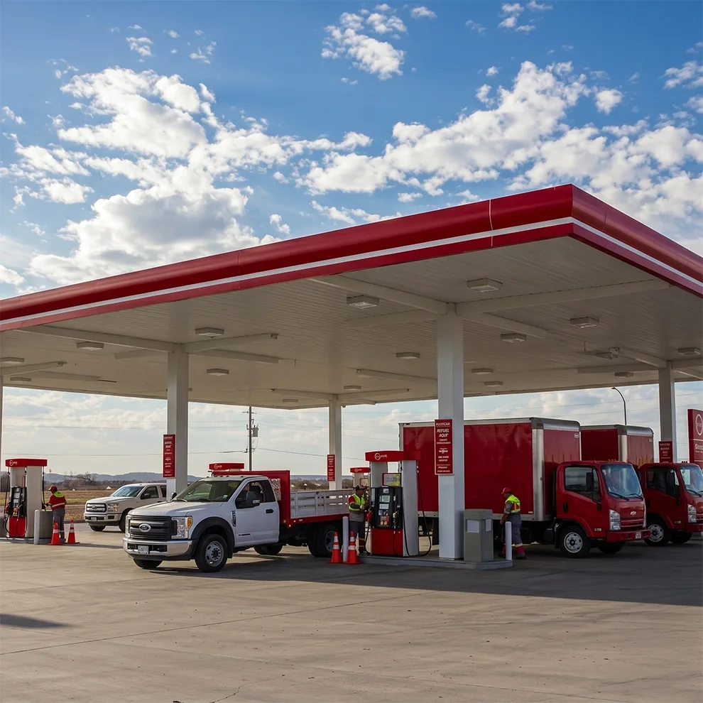 White pickup truck and red delivery trucks refueling at a gas station under a cloudy blue sky.