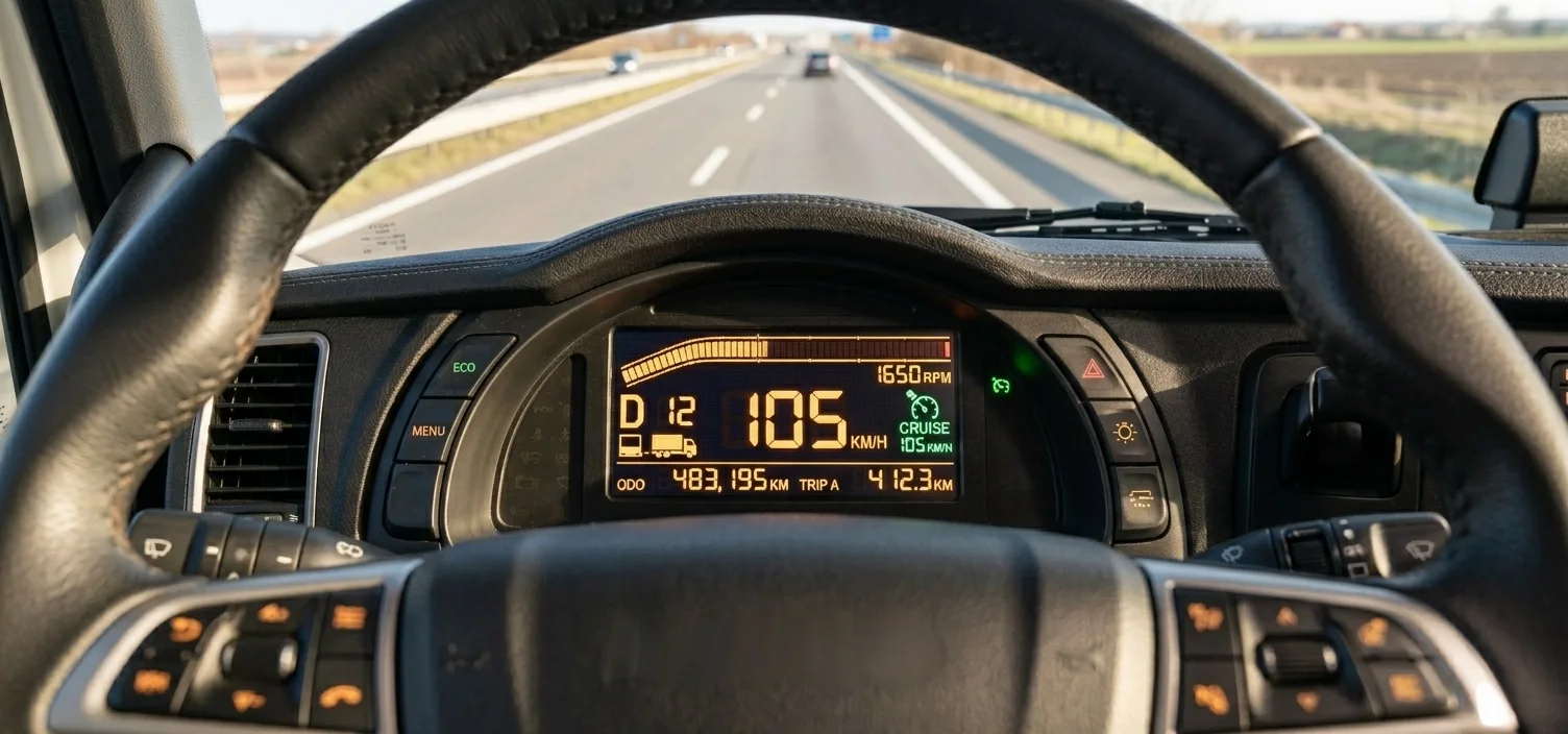 View of a vehicle dashboard and steering wheel showing a digital speedometer reading 105 km/h on a highway.