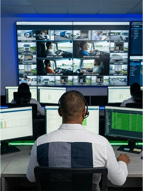 Man with headset sitting at a desk monitoring multiple truck and driver camera feeds displayed on several large and small computer screens in a control room.