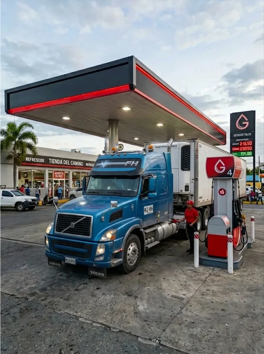 Blue Volvo semi-truck refueling at a gas station with a convenience store in the background.