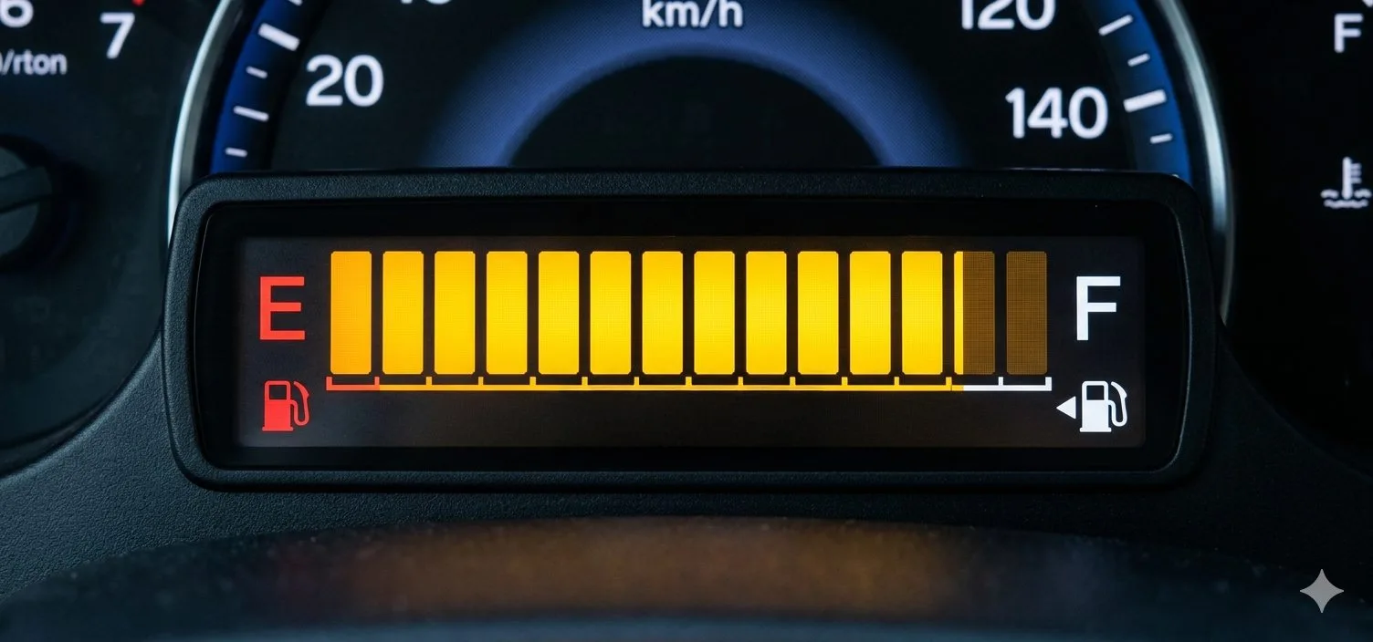 Car fuel gauge showing nearly full tank with illuminated orange bars between E and F.