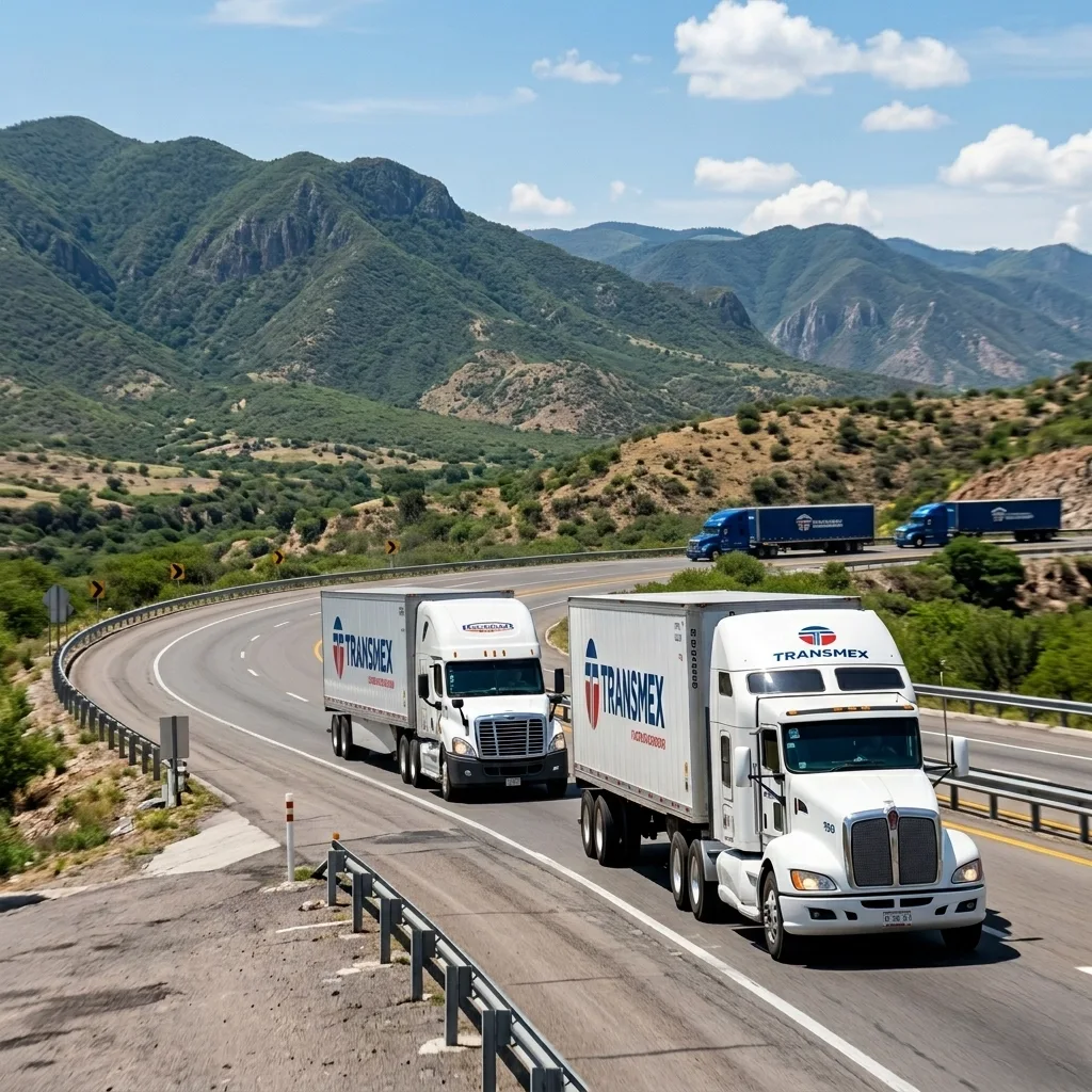 Two Transmex white trucks driving on a curved mountain road with green hills and blue sky.