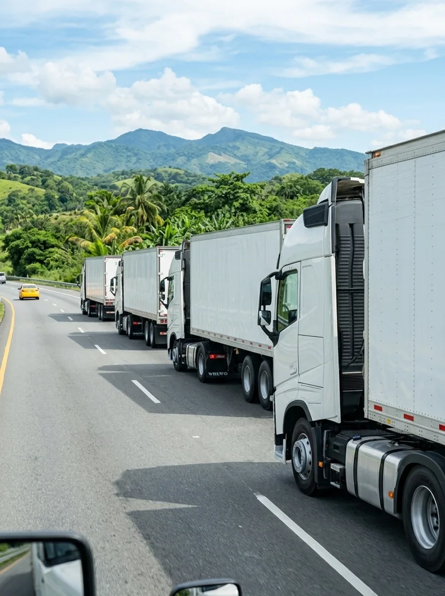 Multiple white semi-trailer trucks driving in a line on a highway surrounded by green hills and mountains under a partly cloudy sky.