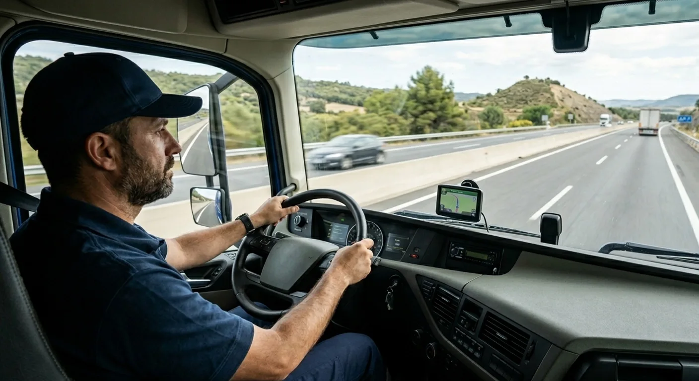 Man wearing a navy blue cap and shirt driving a truck on a highway with a GPS device mounted on the dashboard.