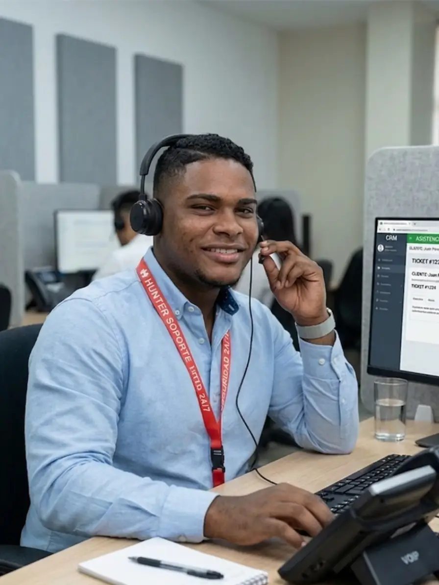 Smiling customer service representative wearing a headset and a red lanyard with text, seated at a desk with a computer and telephone.