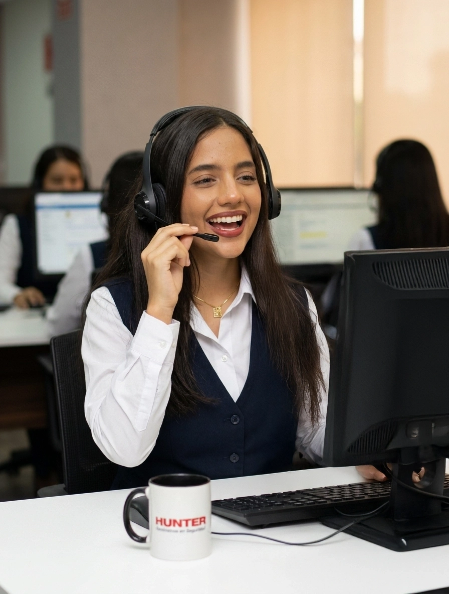 Smiling woman with long dark hair sitting at a desk with a computer in an office environment.