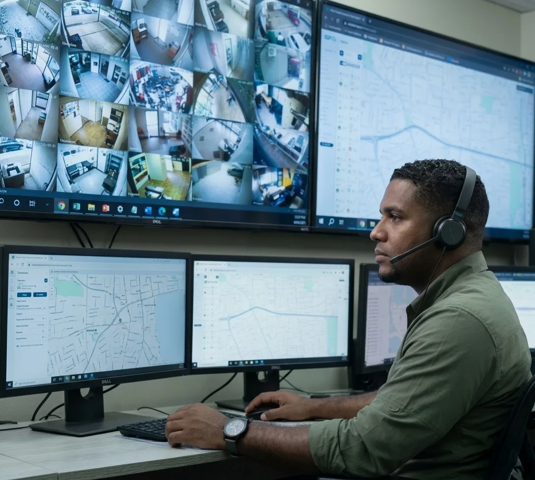 Two call center operators wearing headsets reviewing crime and traffic reports displayed on large monitors, one pointing at a heatmap of traffic incidents.