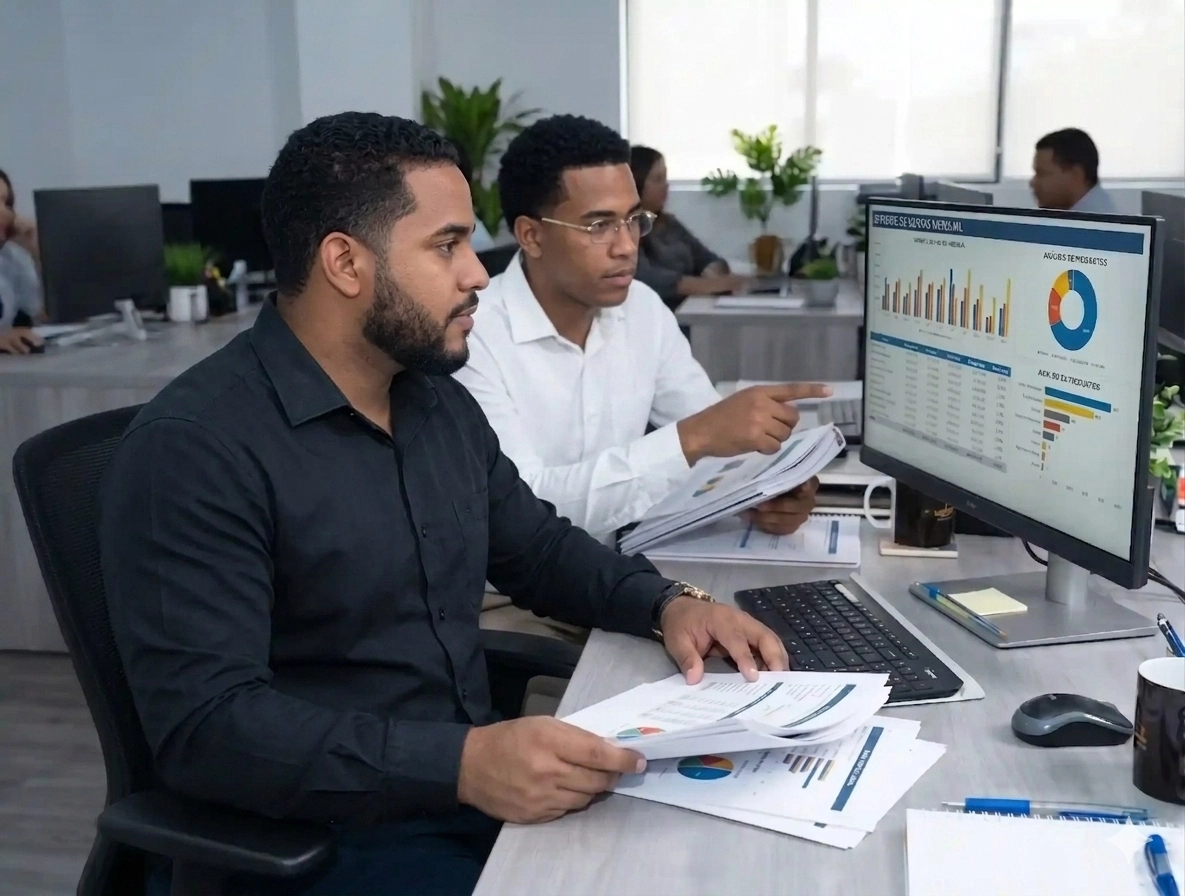 Two men in an office analyzing financial charts and graphs displayed on a computer monitor and printed papers.