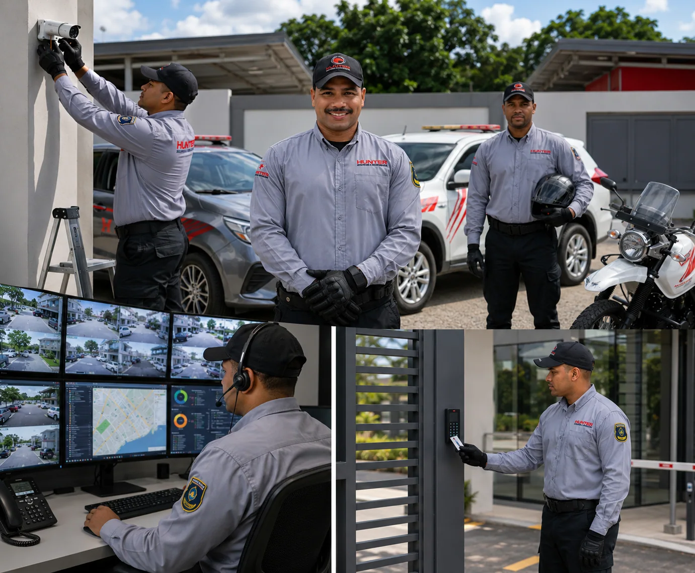 Five security guards in uniform standing in front of a gray car, a white van, and a red motorcycle in a parking lot.
