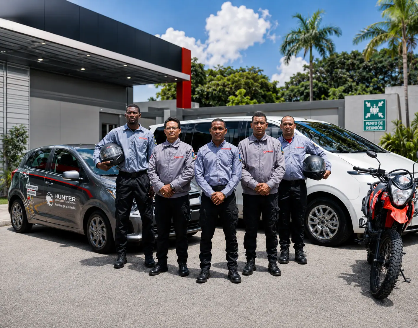 Five security guards in uniform standing in front of a gray car, a white van, and a red motorcycle in a parking lot.