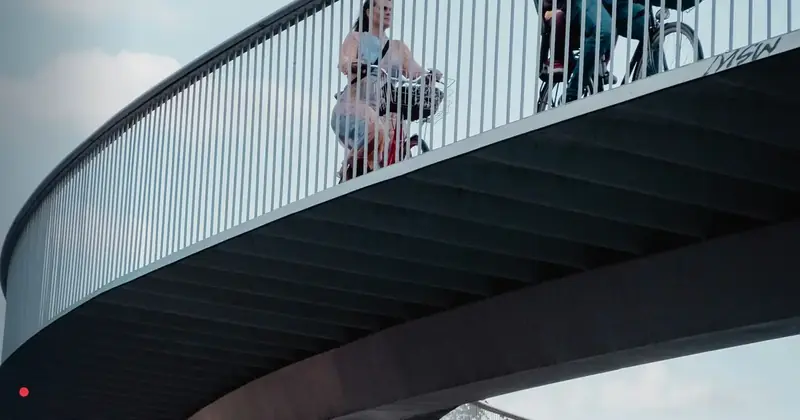 People crossing a modern Copenhagen bridge representing business growth