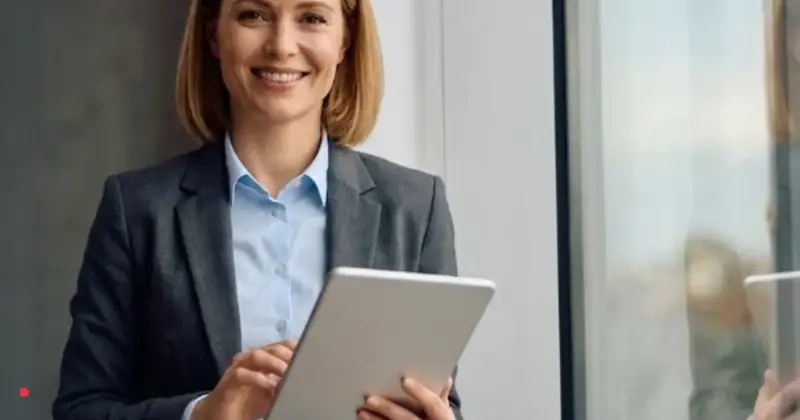 Business professional with a tablet representing foreign employer registration in Denmark