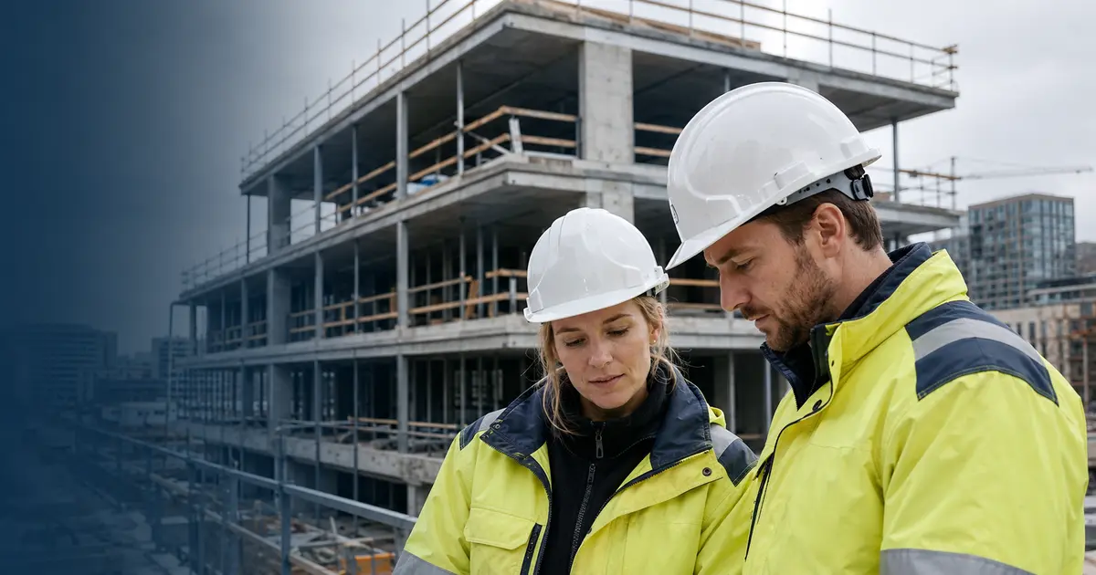 Foreign construction professionals reviewing work at a Danish construction site