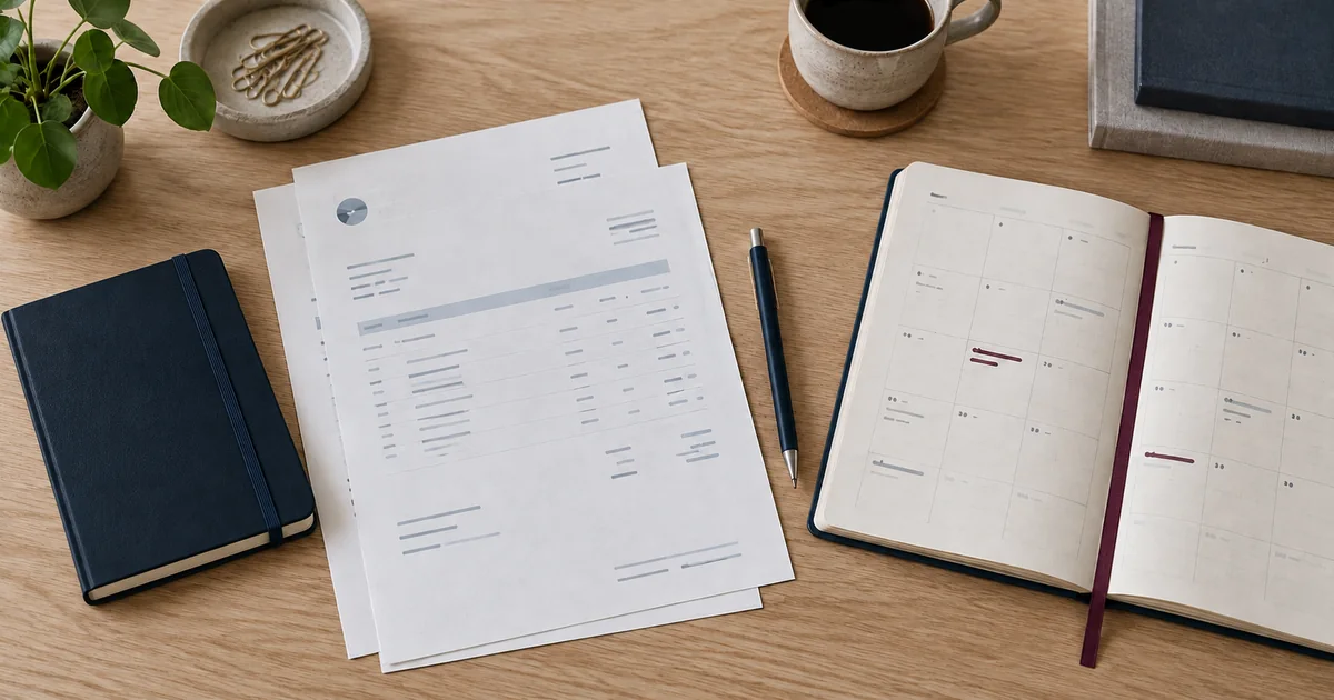 Invoice papers, a notebook and a calendar arranged for VAT filing and deadline checks.