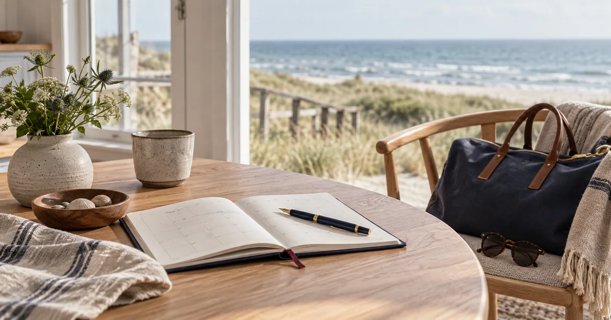 A holiday planner and travel bag beside an open window overlooking the Danish coast.