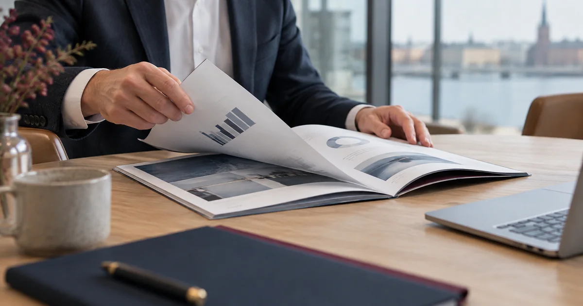 An annual report booklet being reviewed beside a laptop in a light office.