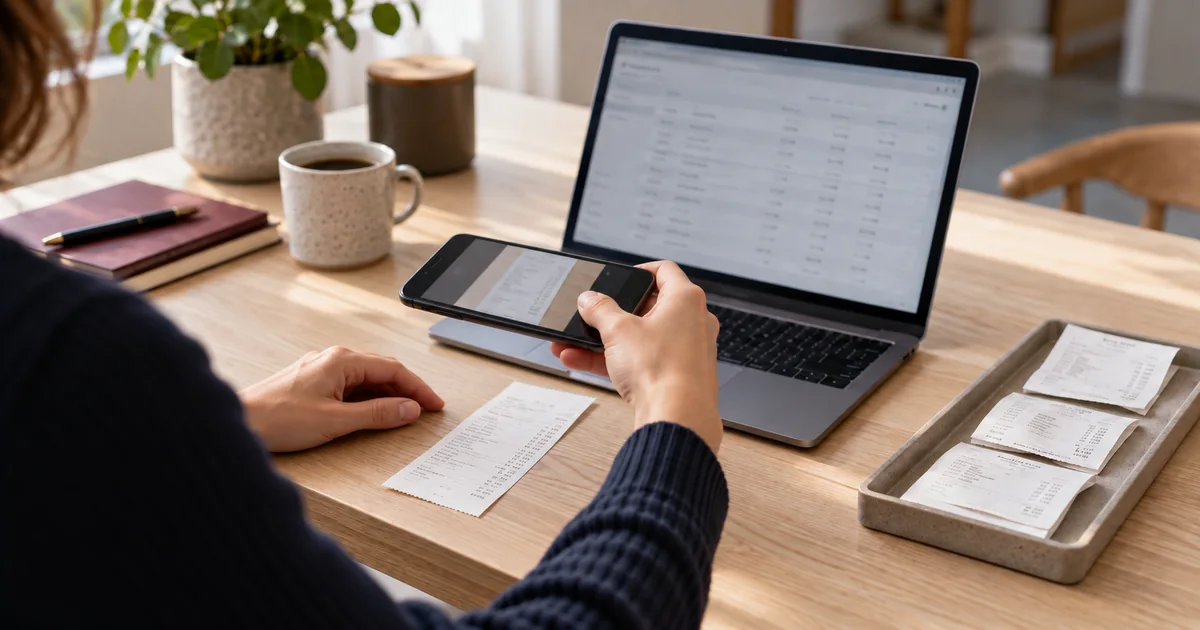 A receipt being scanned beside a laptop on an organised bookkeeping desk.