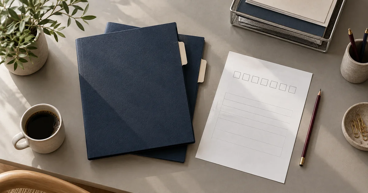 Document folders and a blank registration worksheet arranged for company records.