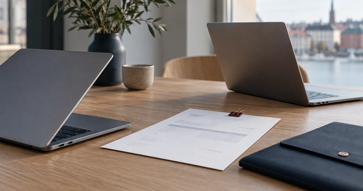 A service invoice and laptop prepared for an international business transaction.