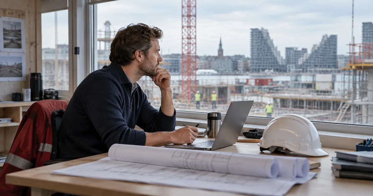 A project manager working in a temporary office overlooking a construction site.