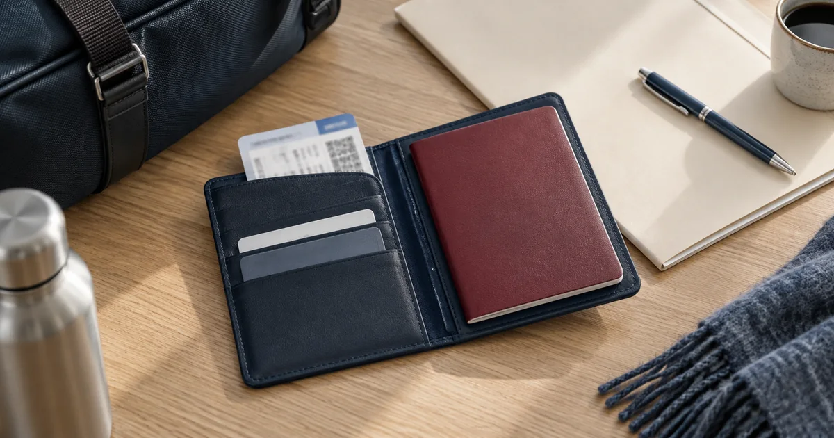 A travel document wallet and work folder packed for an overseas assignment.