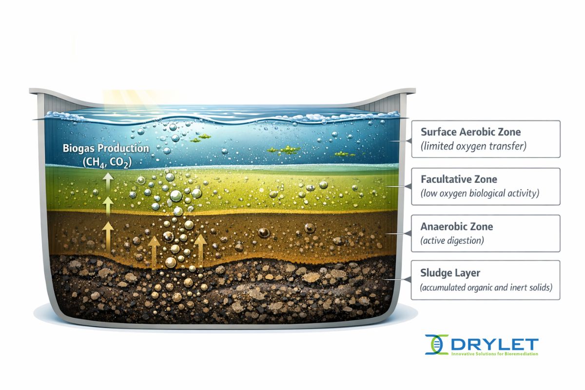 cross section diagram showing sludge layer buildup in wastewater lagoon