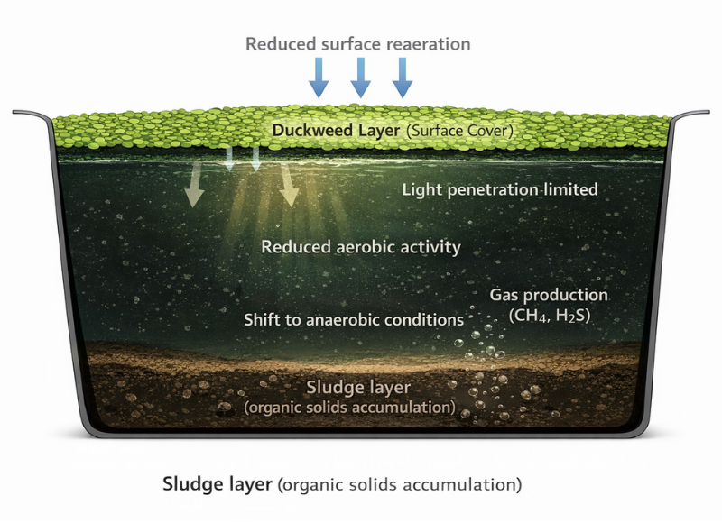 Diagram showing duckweed blocking oxygen transfer and sunlight in a wastewater lagoon