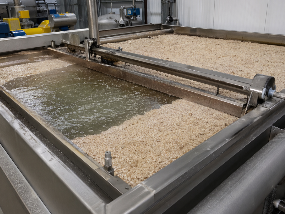 Dissolved air flotation unit showing floating solids and grease removal