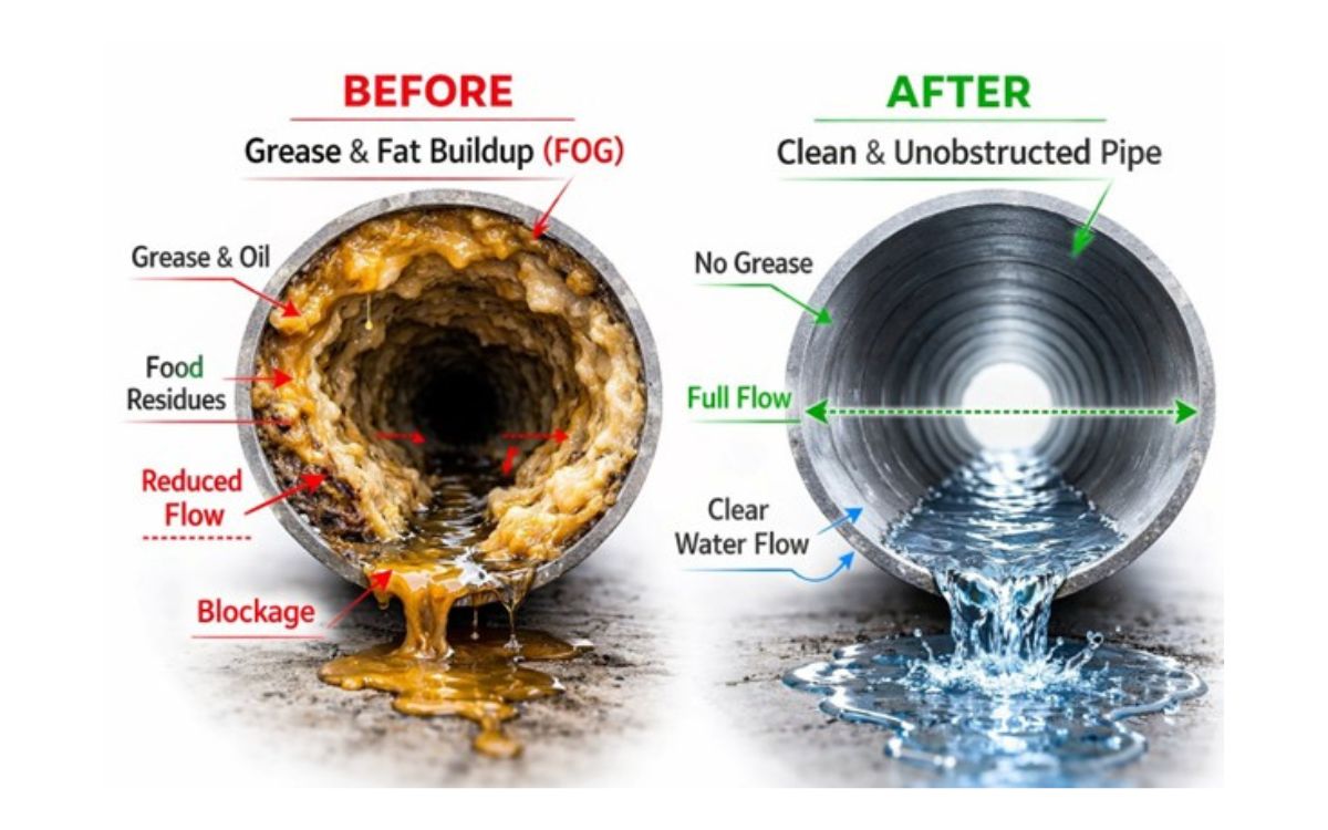 Comparison of grease and fat accumulation in industrial drain pipe versus biologically maintained unobstructed pipe