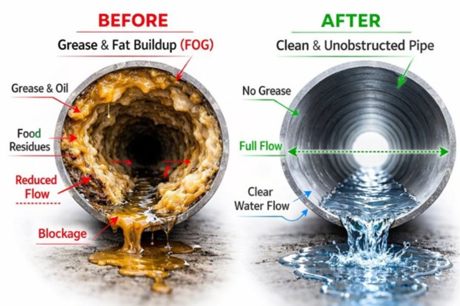 Grease buildup inside wastewater pipe restricting flow due to fats oils and grease accumulation