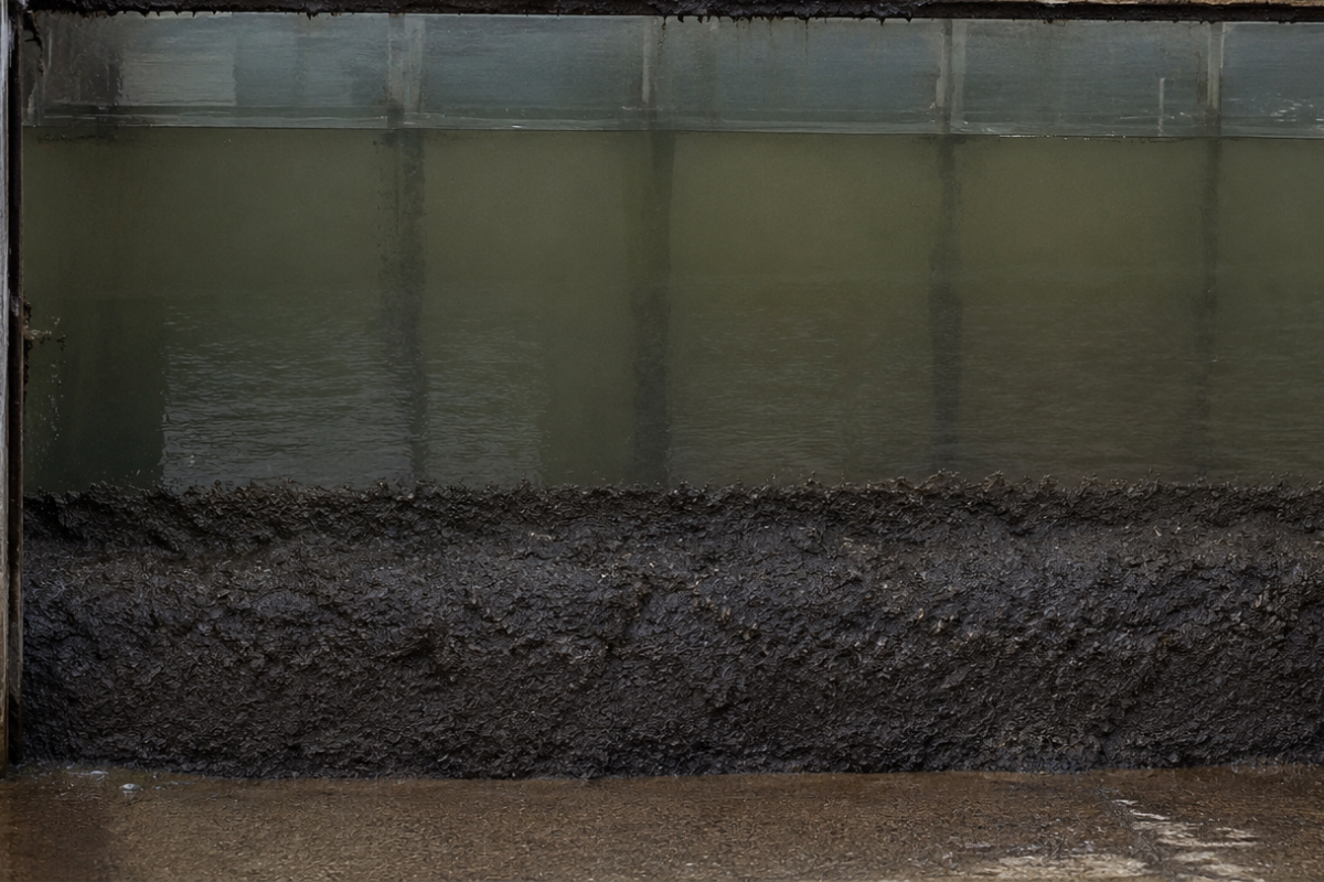 Industrial wastewater basin cross section showing thick sludge blanket reducing effective treatment volume