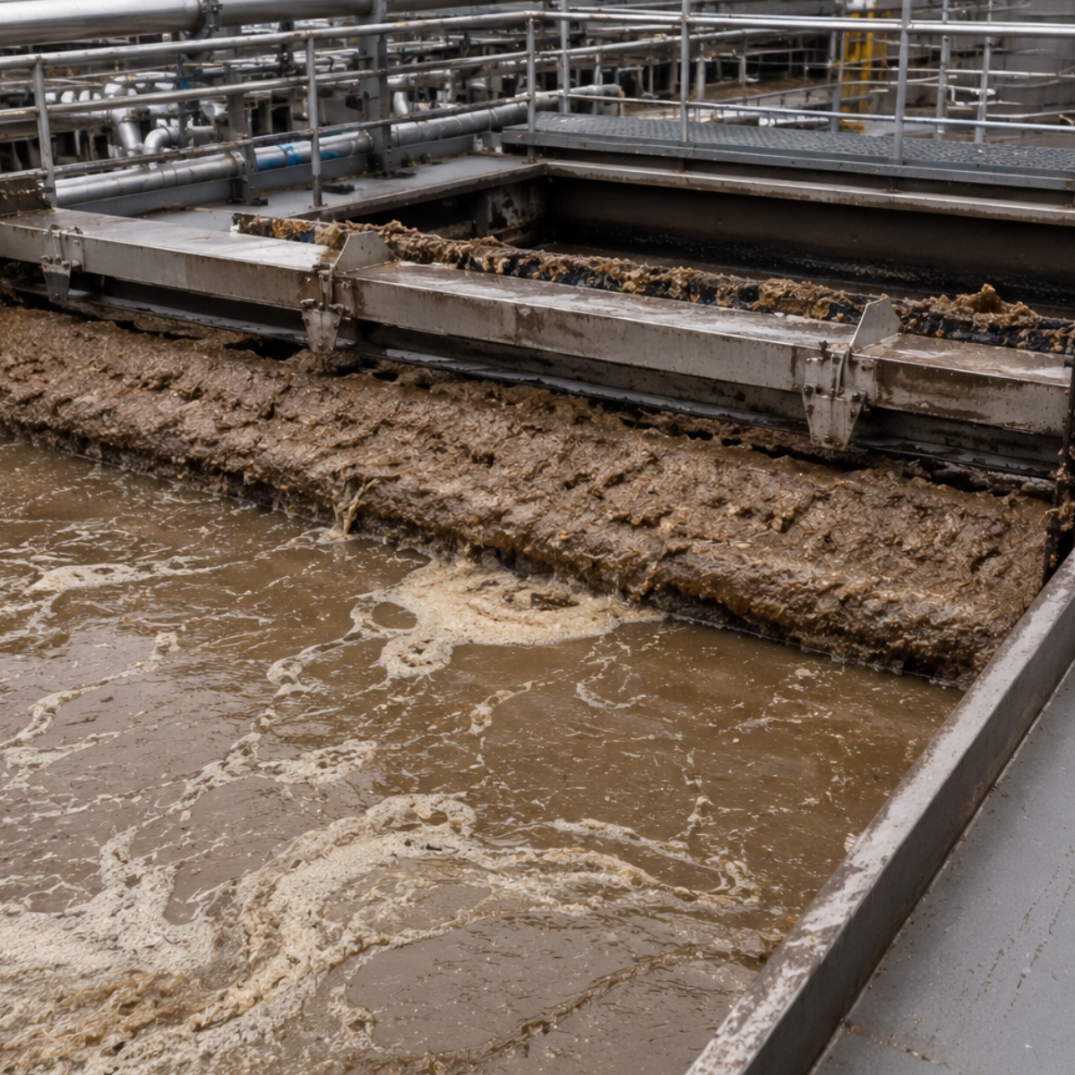 Dissolved air flotation system removing fats oils grease and sludge from meat processing wastewater