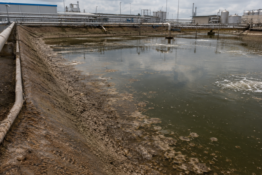 Industrial wastewater lagoon with sludge buildup and reduced treatment capacity