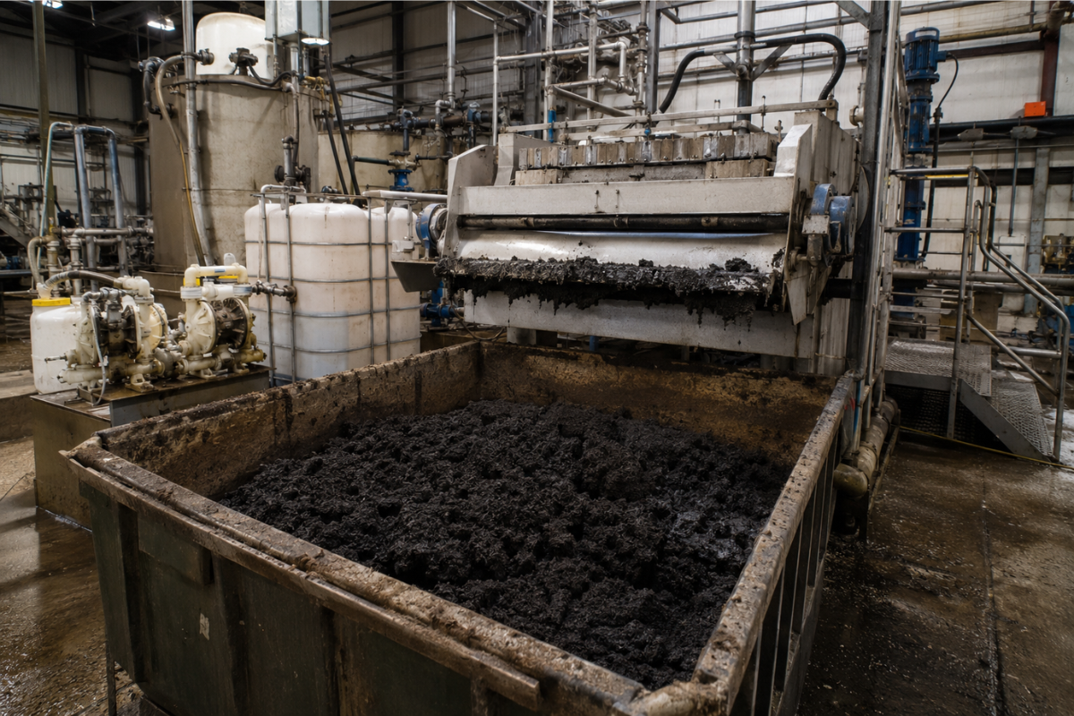Industrial wastewater sludge dewatering and biosolids handling operation at treatment facility