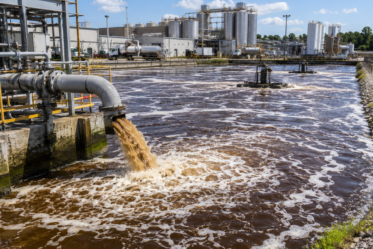 Industrial wastewater lagoon receiving high-strength organic wastewater from a food processing facility.