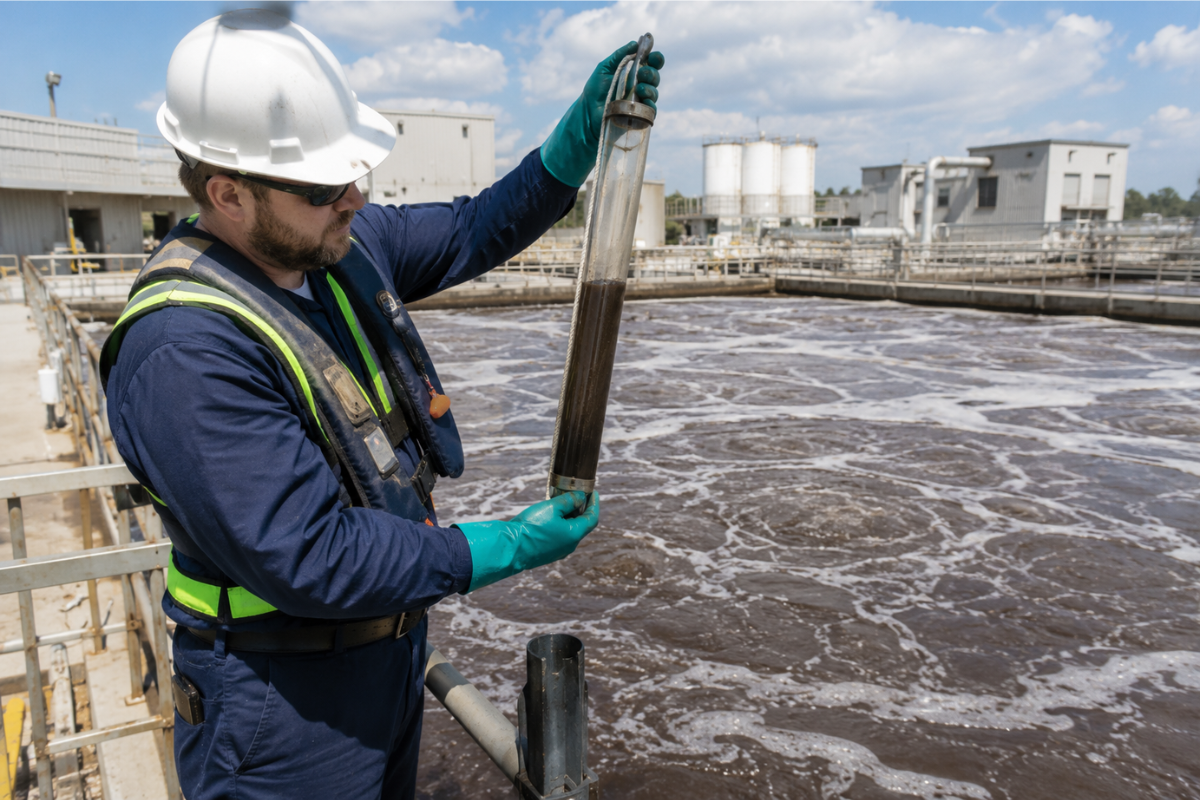 Wastewater operator collecting sludge depth sample from industrial treatment lagoon.