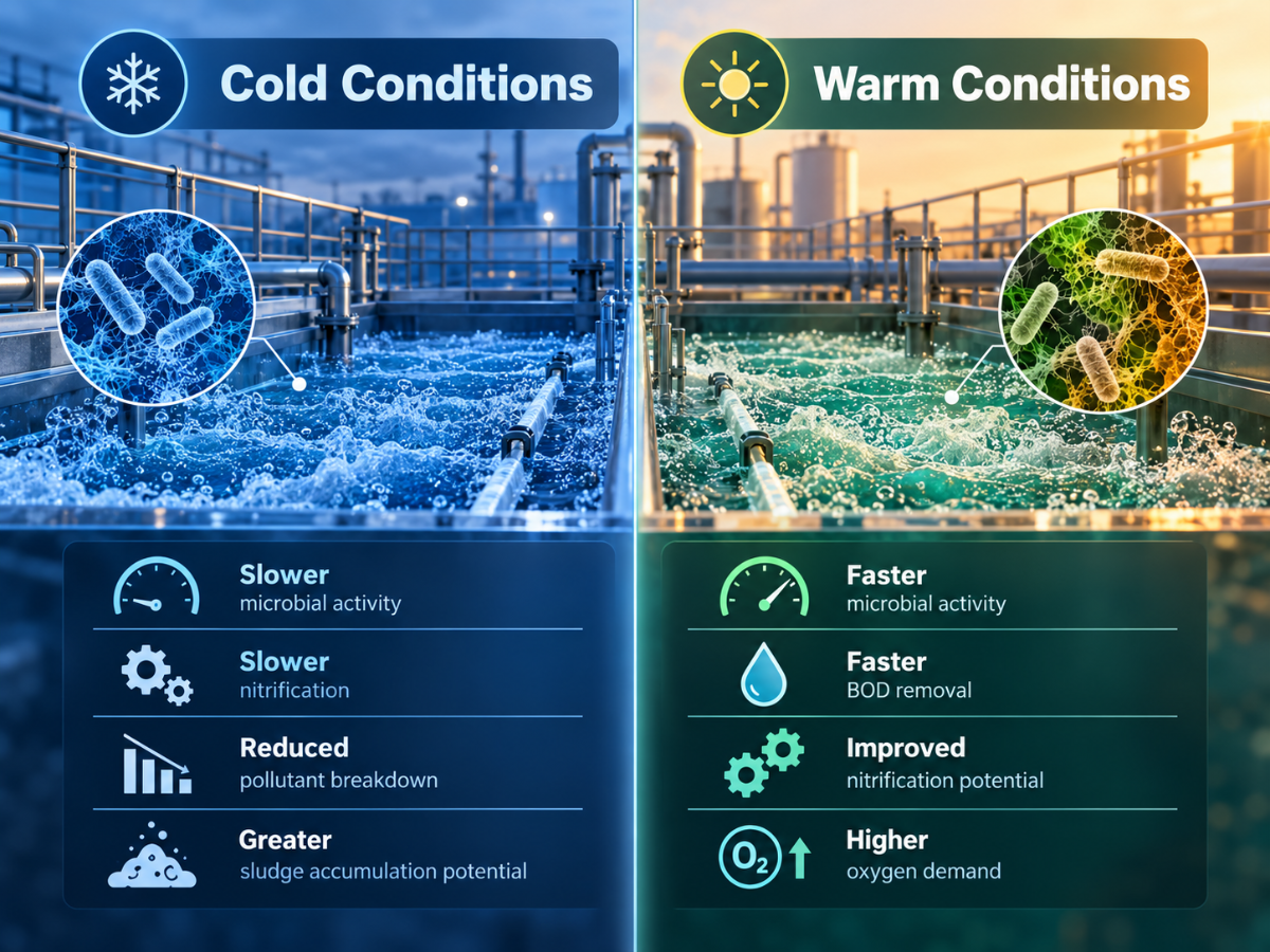 Comparison of cold and warm biological wastewater treatment conditions showing changes in microbial activity, nitrification, BOD removal, oxygen demand, and sludge accumulation