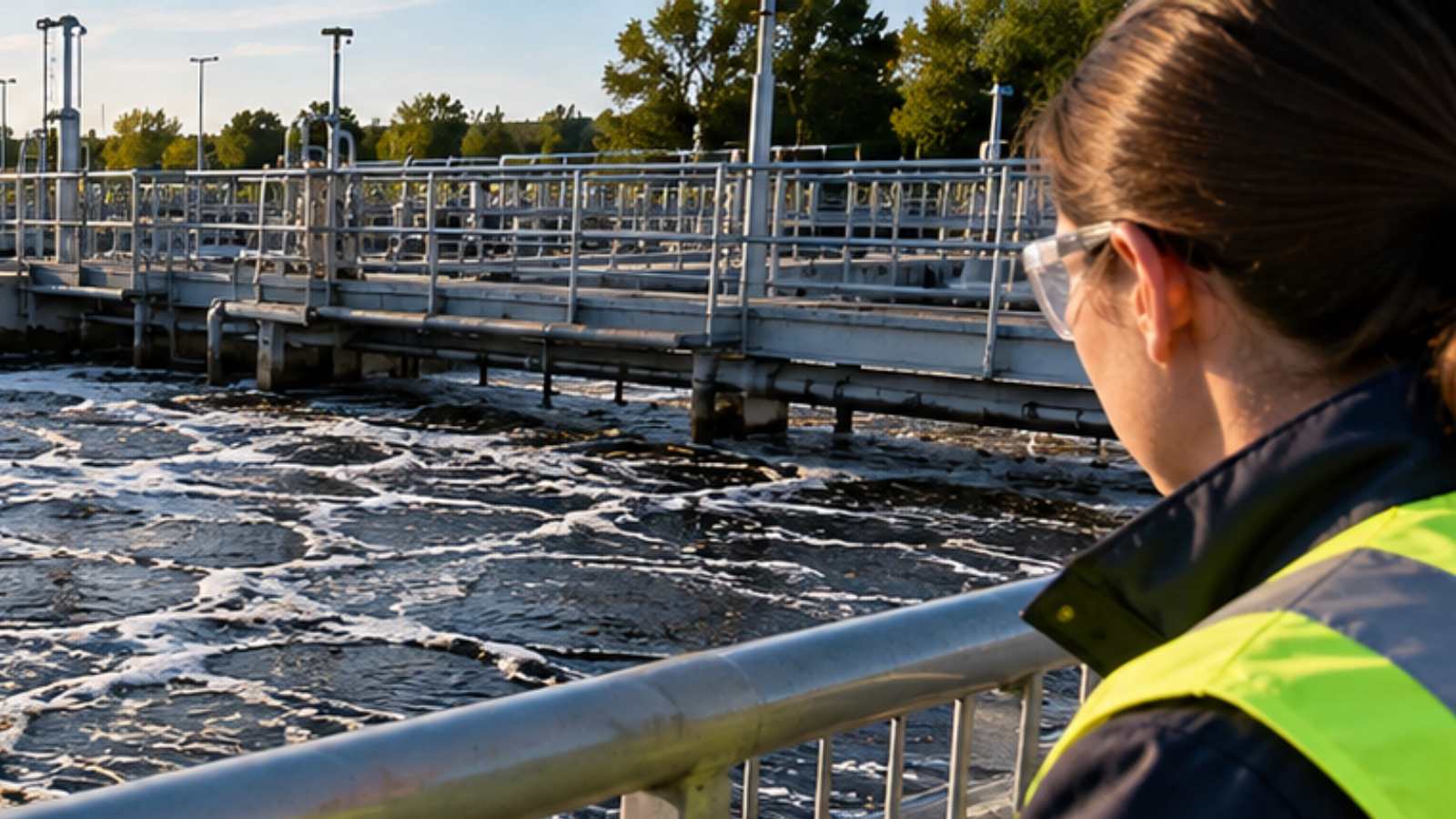 Wastewater treatment system with microscopic view of microorganisms involved in biological treatment