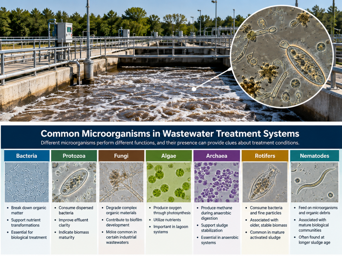 Common wastewater microorganisms including bacteria, protozoa, fungi, algae, archaea, rotifers, and nematodes with their biological treatment roles