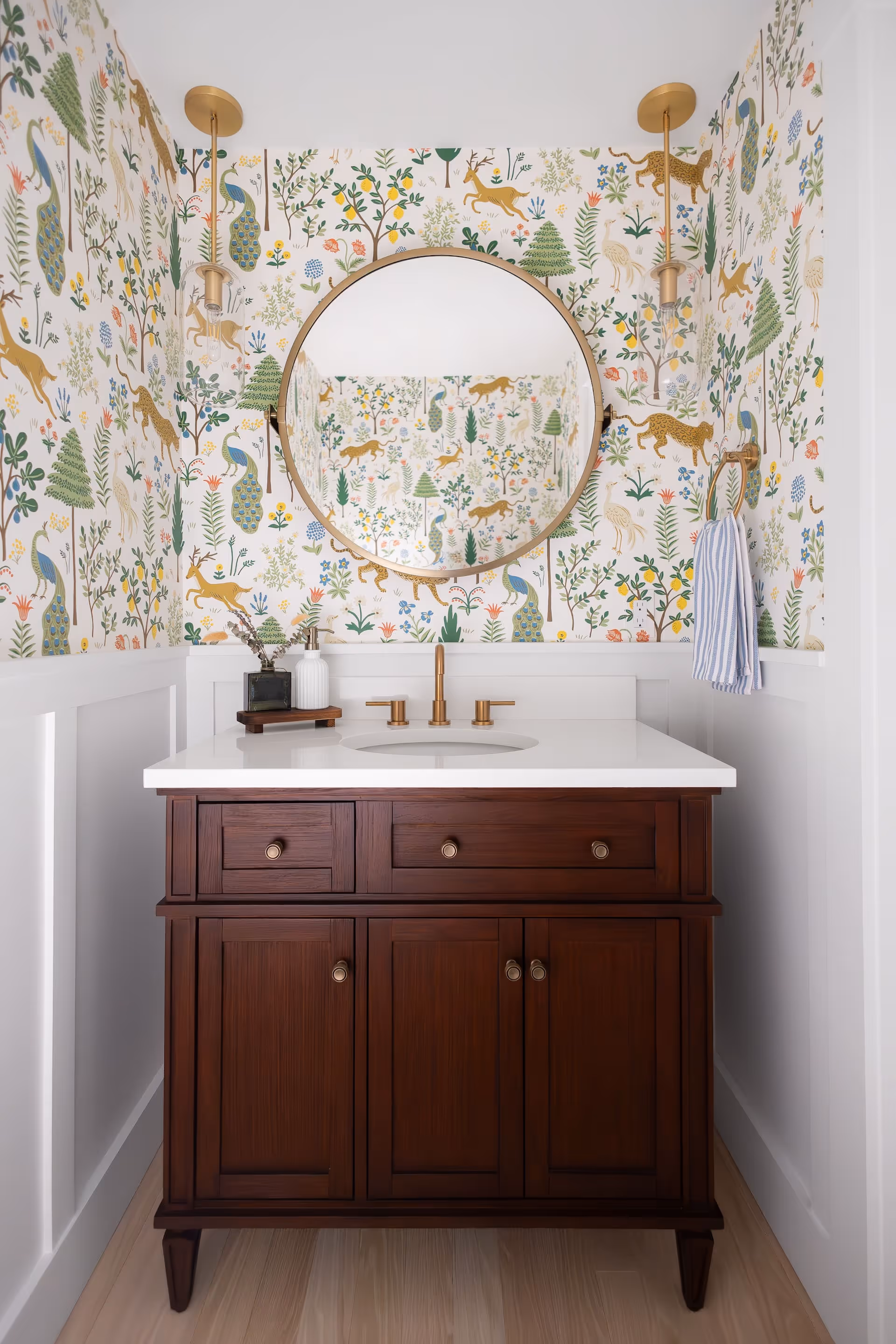 Bathroom Vanity with fresh paint and wallpaper in a North Shore MA home