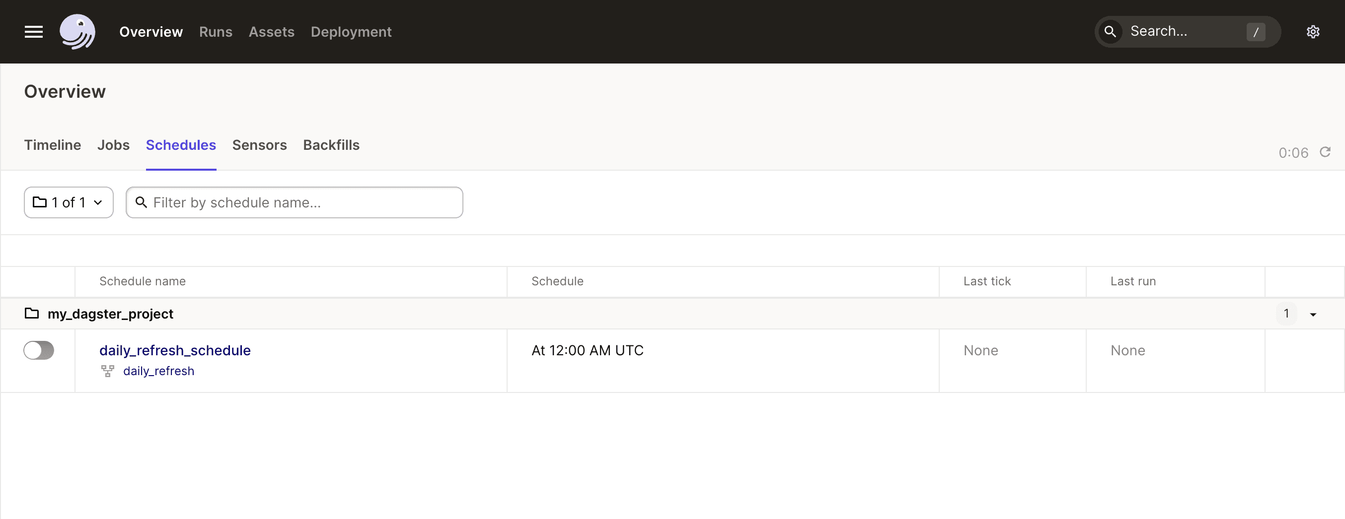 A screenshot of Dagster's schedules page.
