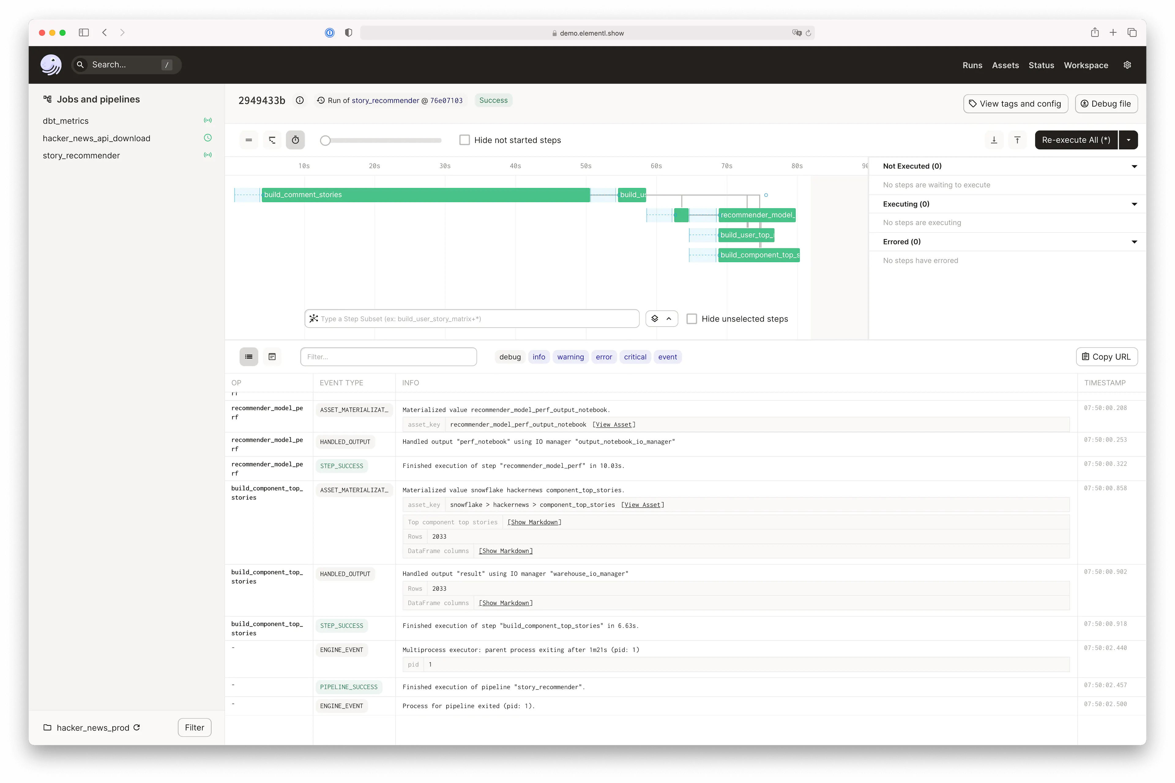 A screenshot of Dagster's UI with logging