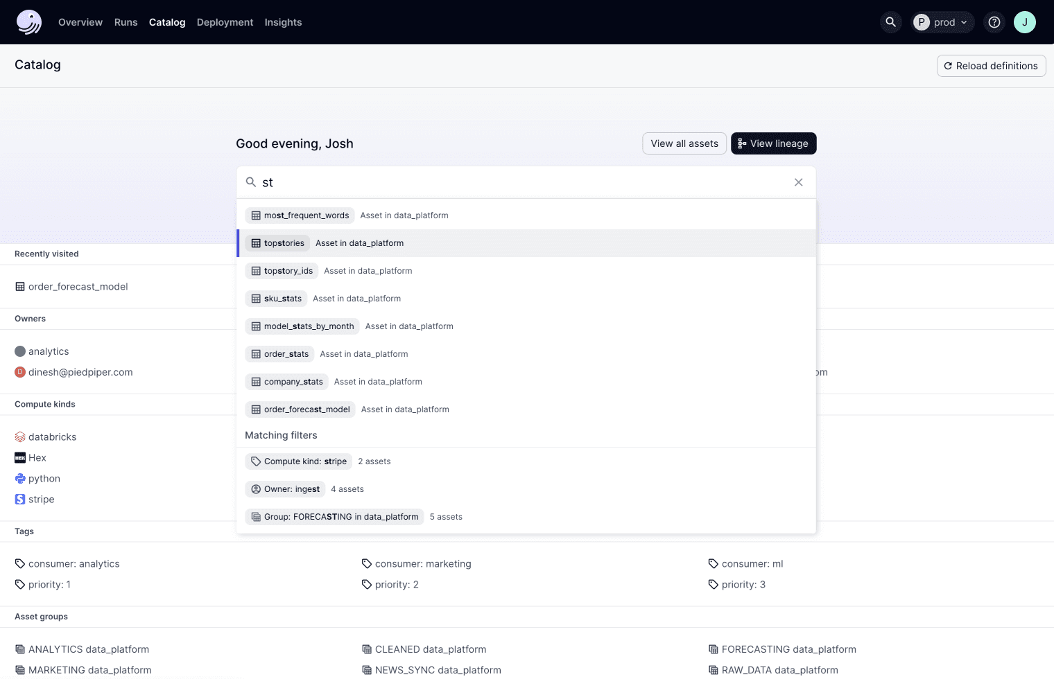 A screenshot of the data cataloging feature in Dagster+.