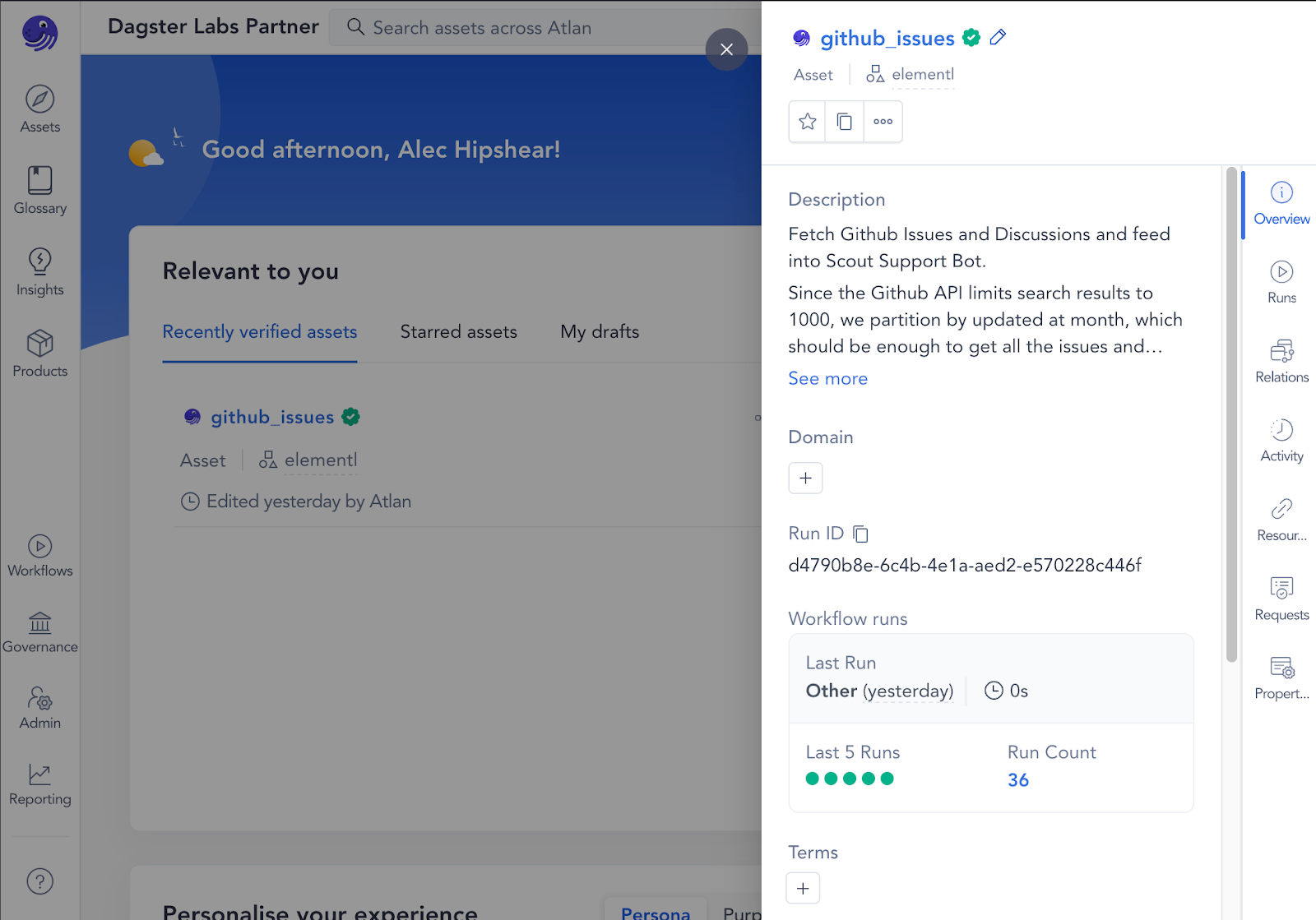 Atlan asset detail page showing a Dagster asset with synced description, recent run history, and run count metadata