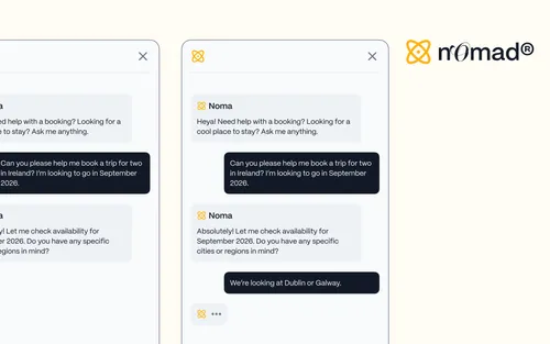 Screenshot of a chat interface with Noma offering booking assistance, showing a conversation about booking a trip for two to Ireland in September 2026, discussing cities Dublin or Galway.