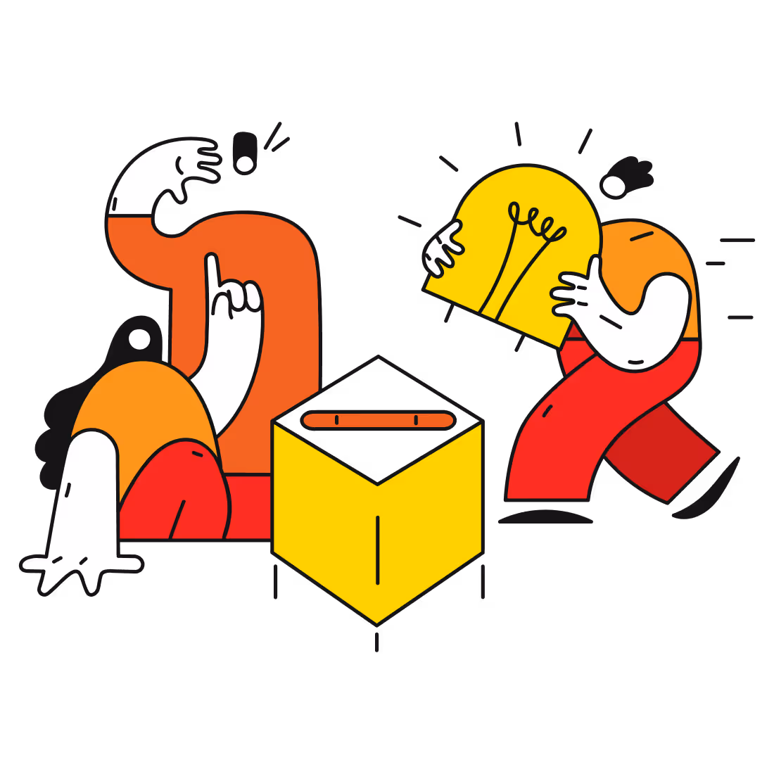 An illustration of three characters, one holding a lihgtbulb, the other sitting on the floor, the last one standing with a hand up