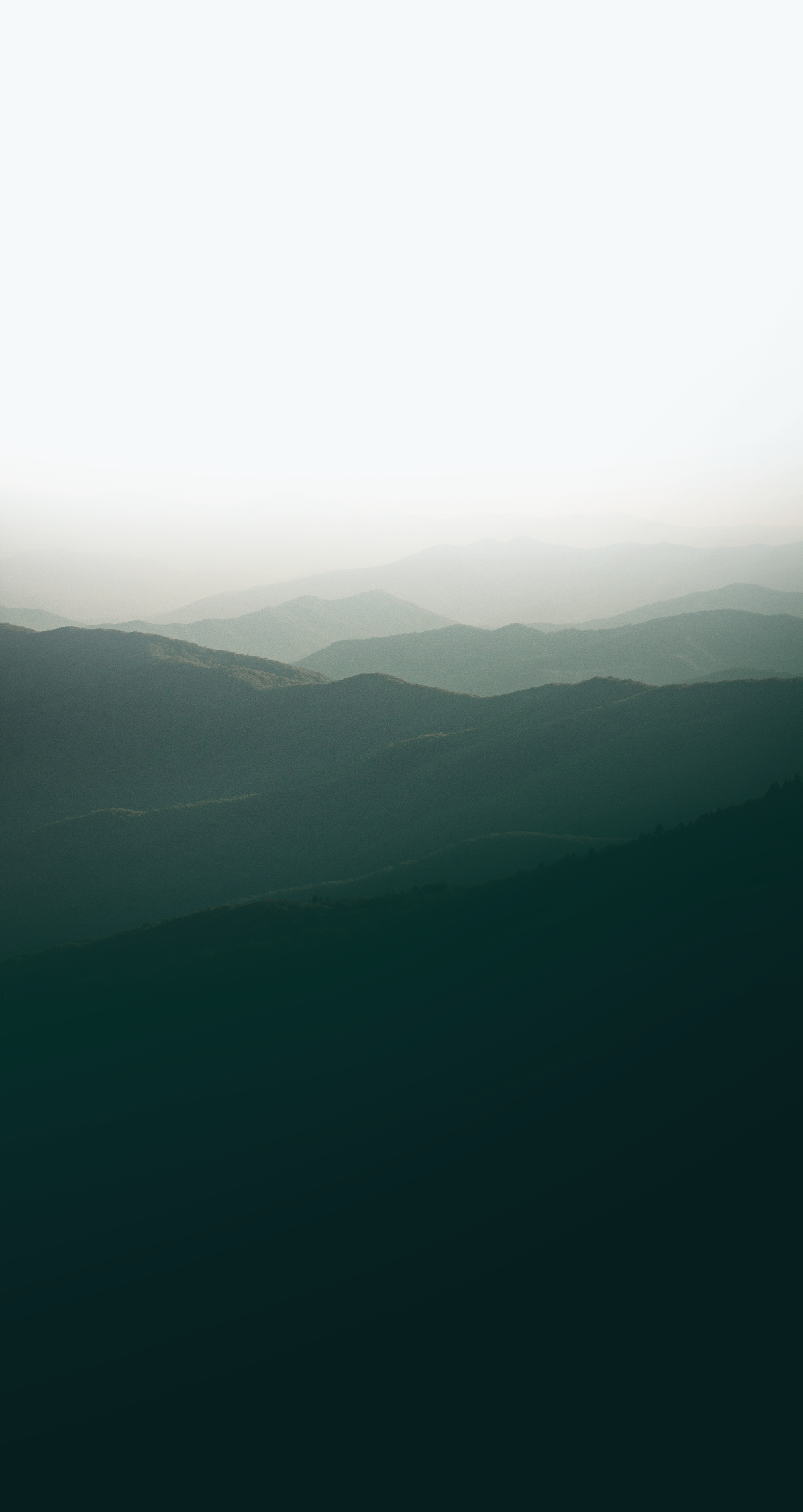 An aerial photograph of forested mountains with a misty, pale sky. 